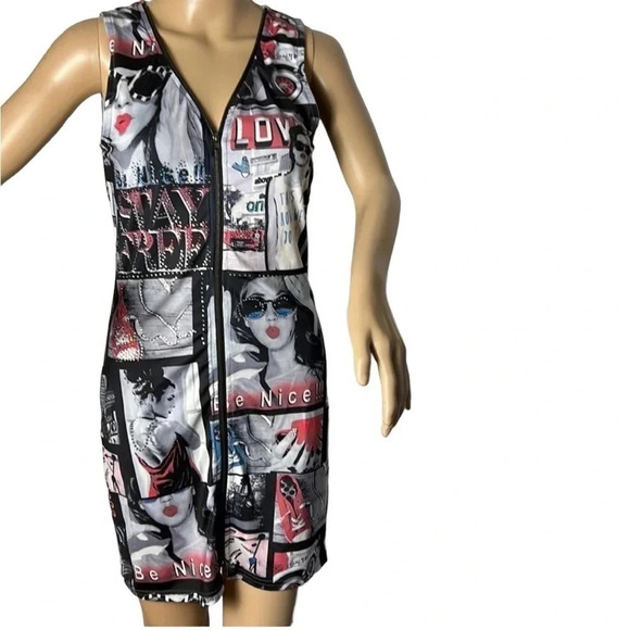 Graphic collage design dress,beads ,pop art design print retro vibe, Sm.,artsy, - Picture 1 of 17
